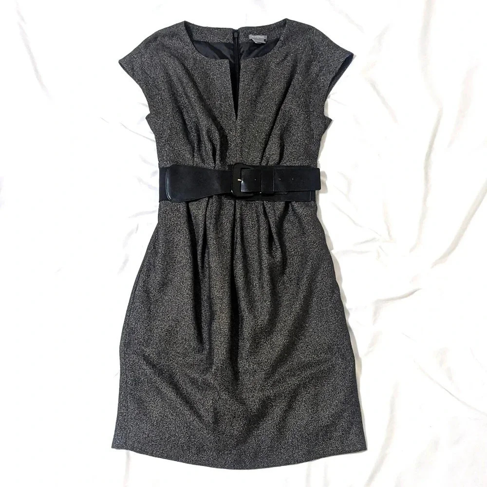 Ann Taylor A-Line Mini Dress w/ Belt, Color Charcoal Gray Size 0